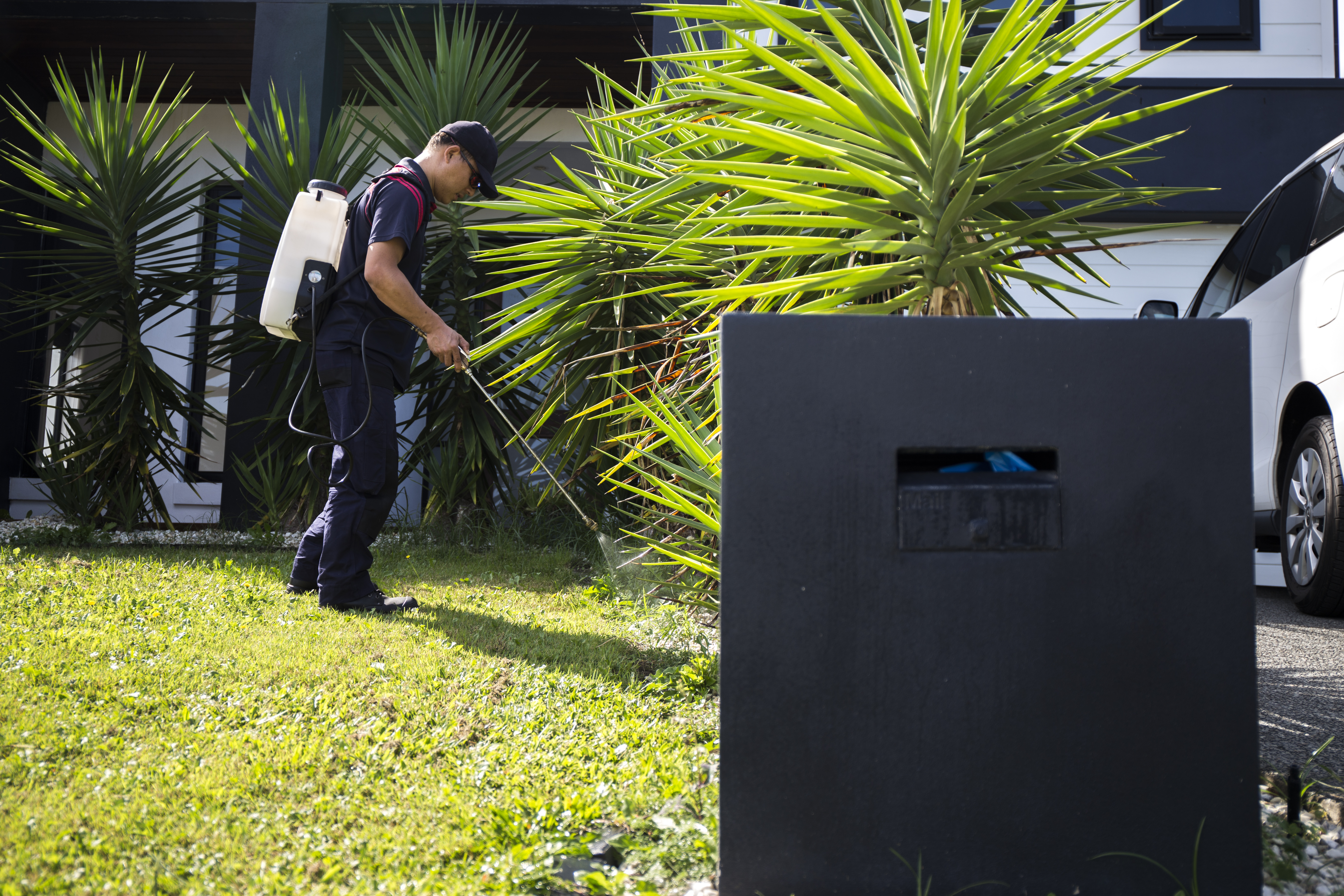 Pest Control Worker Spraying Pesticide outside the house